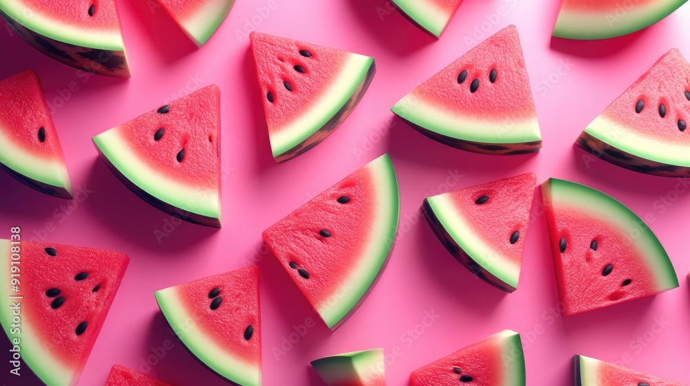 Juicy watermelon slices arranged on a deep pink background, bursting with color. Juicy watermelon slices arranged on a deep pink background, bursting with color.