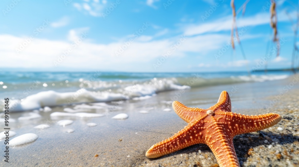 Tropical beach with sea star in sand close up. Neural network ai generated art Tropical beach with sea star in sand close up. Neural network ai generated art