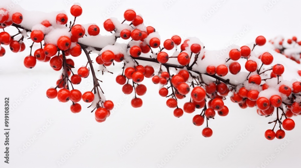 Red winter berries on tree branches during snowfall. Neural network ai generated art Red winter berries on tree branches during snowfall. Neural network ai generated art