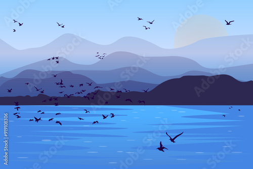 Landscape with sunset, hills and birds. Flock of birds are flying across the sky. Nature background with purple sundown. Abstract scenery, mountain, birds and sunrise. Evening or sunup scene. Vector