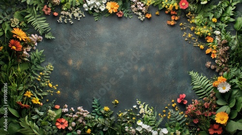 A Colorful Floral Frame Surrounding a Dark Green Background photo