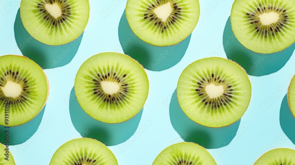 Fototapeta premium Kiwi slices placed in a regular pattern on a pastel blue background, with shadows enhancing the texture and contrast.