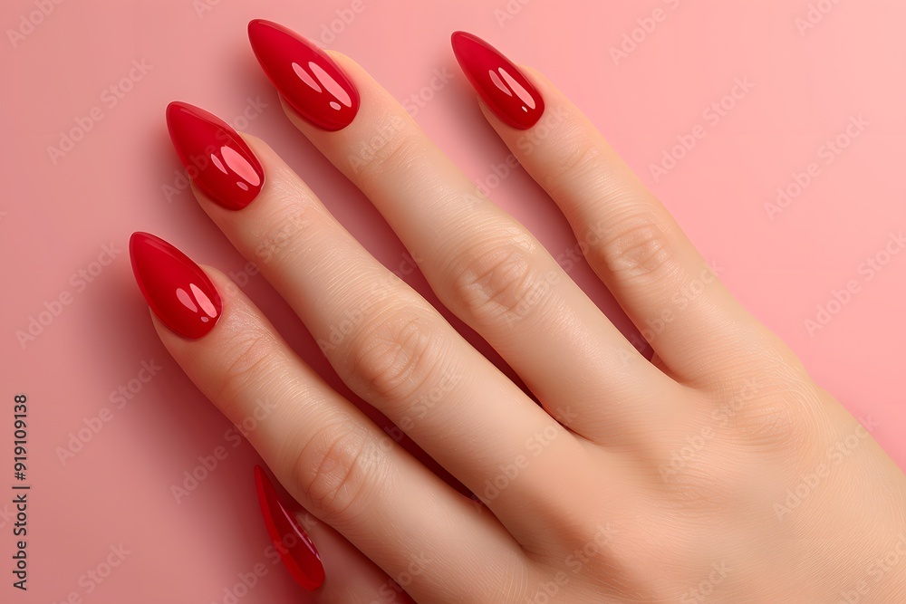 Stunning Red Almond-Shaped Nails on a Soft Pink Background Stunning Red Almond-Shaped Nails on a Soft Pink Background