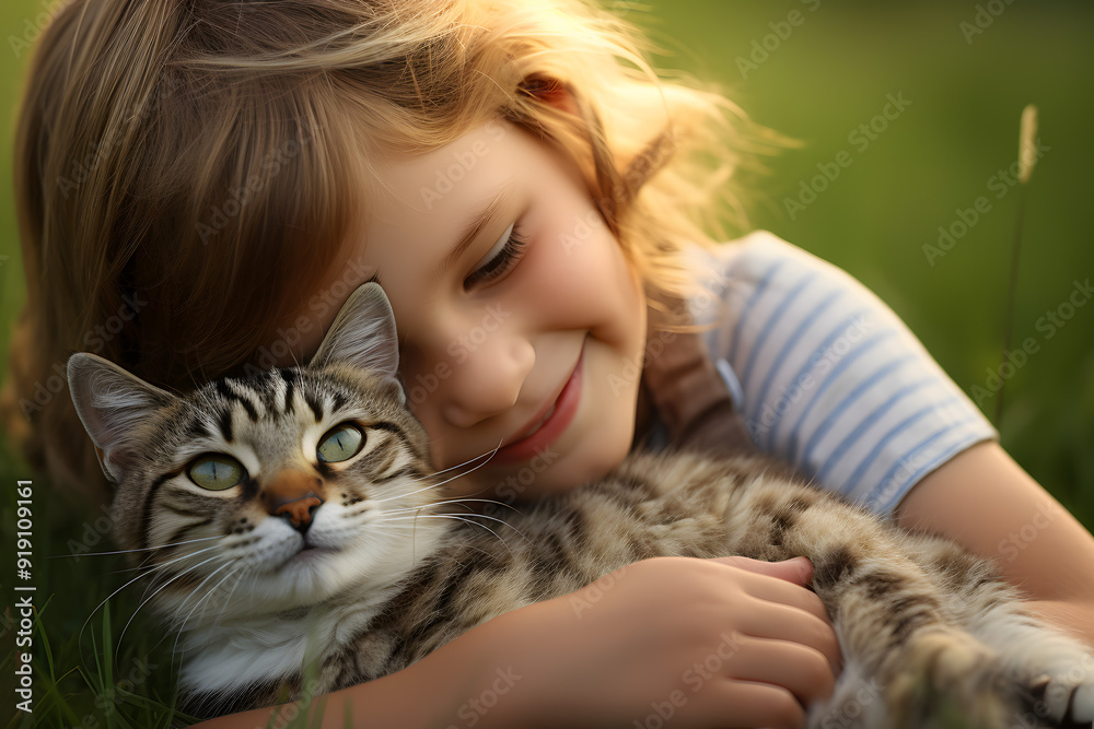 A little girl hugs his cat in a meadow on a sunny day A little girl hugs his cat in a meadow on a sunny day