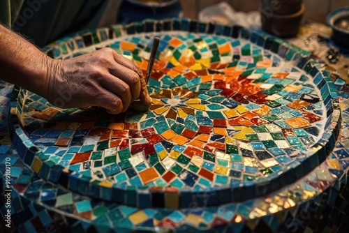 Artist is carefully placing small, colorful mosaic tiles onto a round surface, creating an intricate and vibrant circular pattern photo