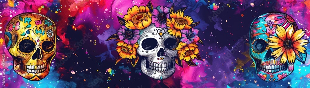 Dia de los Muertos doodle art scene with calaveras, marigold flowers, candles, and traditional offerings on a watercolor galaxy holographic background. Day of the Dead. AI Dia de los Muertos doodle art scene with calaveras, marigold flowers, candles, and traditional offerings on a watercolor galaxy holographic background. Day of the Dead. AI