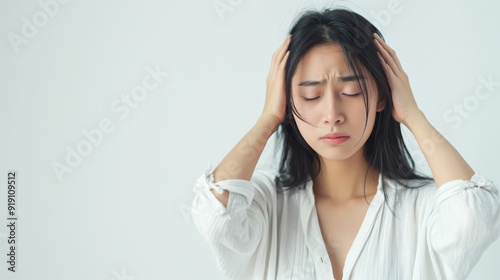 Portrait of a Despondent Asian Woman Holding Head in Distress on White Background