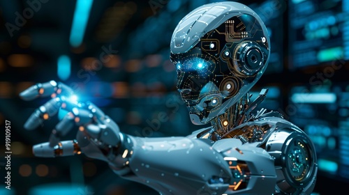 The face of a robot with glowing eyes. Possibilities of artificial intelligence.