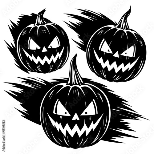 Three black and white Halloween pumpkins with scary faces