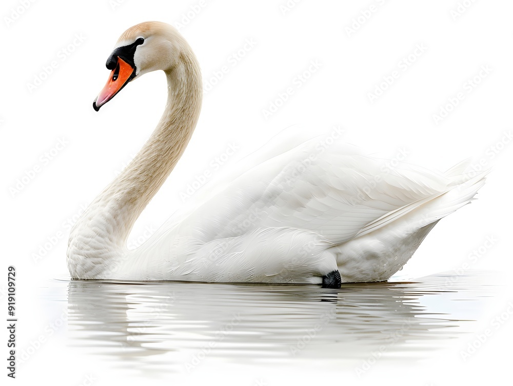 Fototapeta premium A graceful white swan gliding across calm waters on a bright, clear day