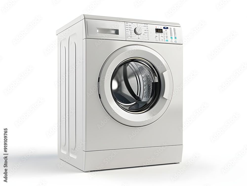 Modern front-loading washing machine on a white background Modern front-loading washing machine on a white background