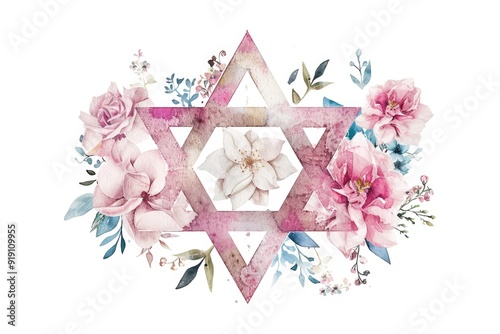 Watercolor floral design with a pink Star of David, surrounded by delicate flowers and leaves in soft pastel hues, including roses and peonies. ai