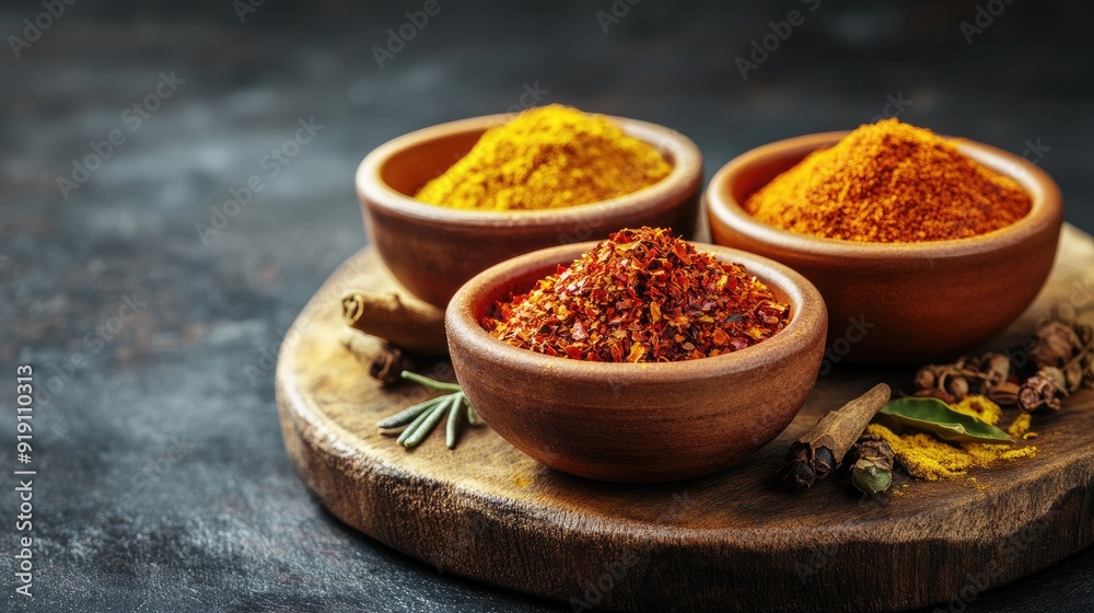 Spices in ceramic bowls with vibrant hues of paprika, turmeric, and saffron, neatly arranged on a rustic wooden board. Spices in ceramic bowls with vibrant hues of paprika, turmeric, and saffron, neatly arranged on a rustic wooden board.