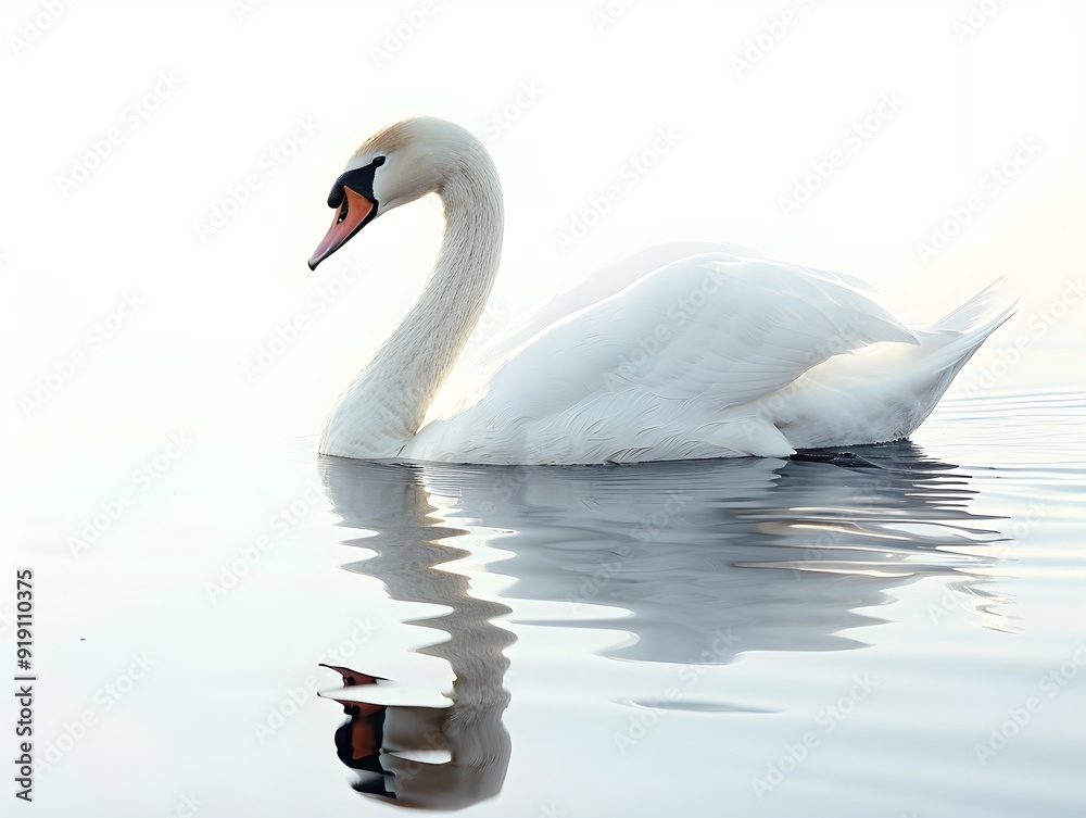 Obraz premium Swan gliding gracefully on calm water at dawn