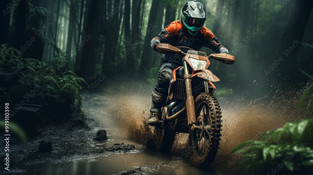Motorcycle enduro racing motocross in forest downhill. Neural network ai generated art Motorcycle enduro racing motocross in forest downhill. Neural network ai generated art