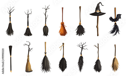 Witch broom for halloween set. Magic halloween broomstick Different shapes color and size. Old wooden wizard broom. Design element for card poster banner sticker pack. Isolated cartoon style vector
