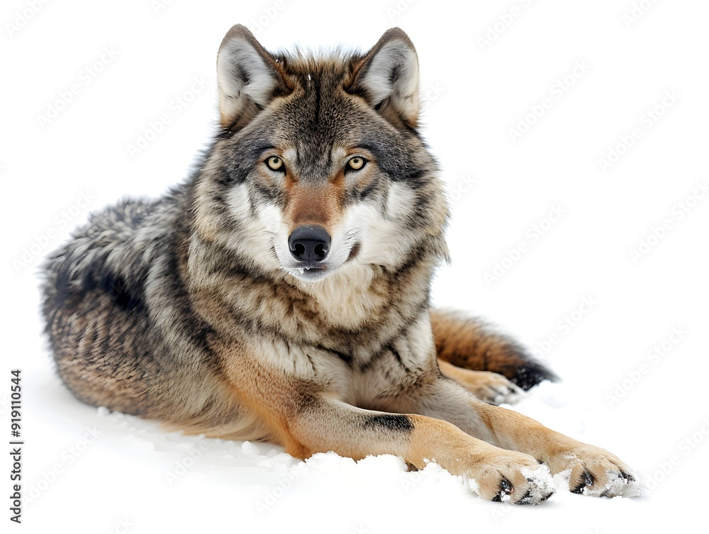 Obraz premium A resting wolf lies in the snow in a forest setting during winter