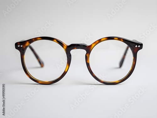 Stylish tortoiseshell round glasses displayed on a clean surface, showcasing their unique design