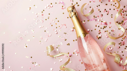 Flat lay composition for celebrations and holidays. Champagne bottle, confetti and ribbons on pink top view
 photo