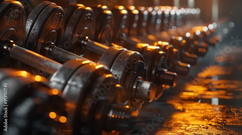 Big dumbbell row on shelf in modern sport gym