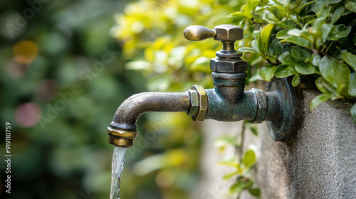 "Tap water flowing from an outdoor garden faucet mounted on an outside wall, with a yard or garden background."