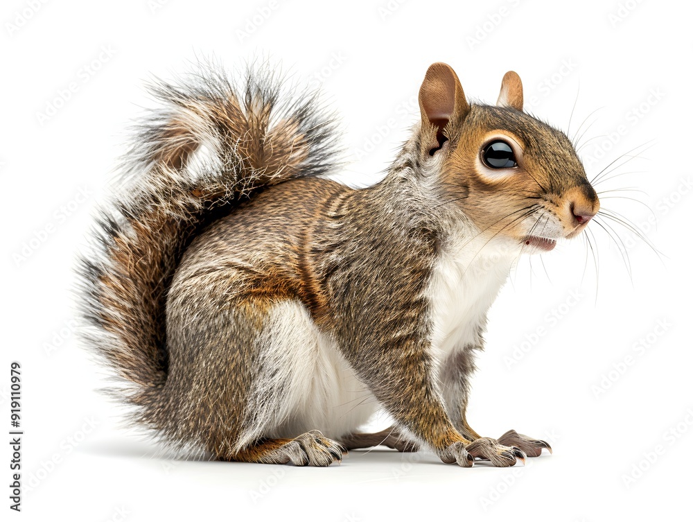 Obraz premium A curious squirrel sits upright, showcasing its bushy tail and detailed fur, against a plain white background