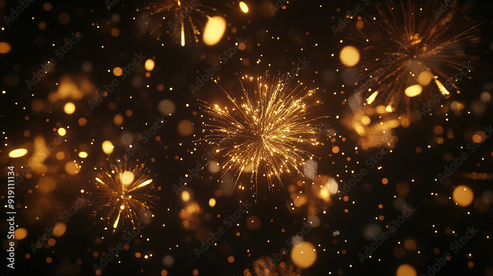 Festive New Year Background with Golden Fireworks and Sparkling Confetti Against a Dark Night Sky Festive New Year Background with Golden Fireworks and Sparkling Confetti Against a Dark Night Sky