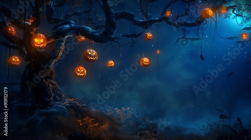 Spooky Halloween-themed night scene with glowing jack-o'-lanterns hanging from a gnarled tree under a dark blue and misty sky.