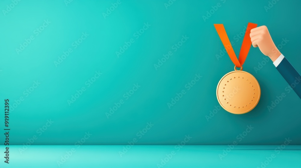 Celebratory Gold Medal Awarded with Copy Space - Flat Design Illustration of Successful Event Completion Celebratory Gold Medal Awarded with Copy Space - Flat Design Illustration of Successful Event Completion