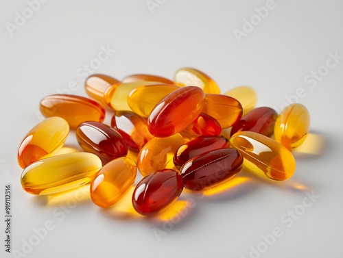 Close-up of colorful gel capsules on a light background showcasing various shapes and sizes photo