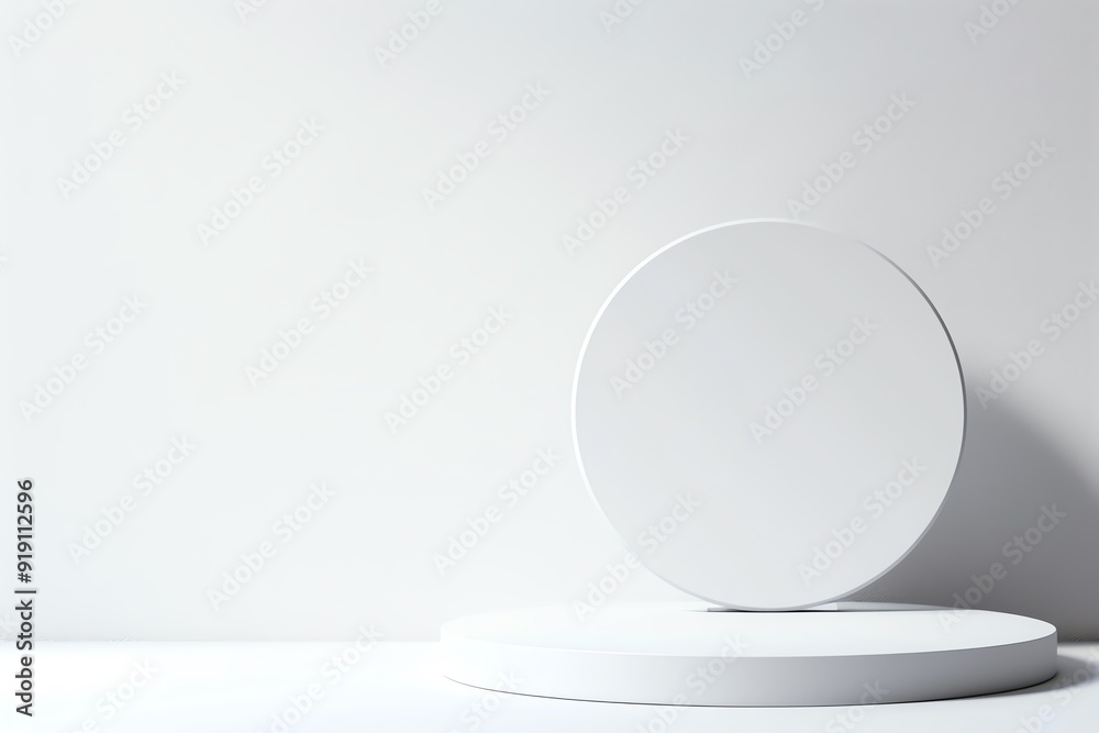 Minimalistic white round podium on a plain background, showcasing modern design and simplicity ideal for product display or presentations. Minimalistic white round podium on a plain background, showcasing modern design and simplicity ideal for product display or presentations.