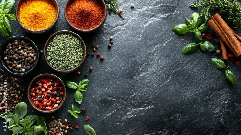 Assortment of Spices and Herbs on a Black Slate Surface Assortment of Spices and Herbs on a Black Slate Surface