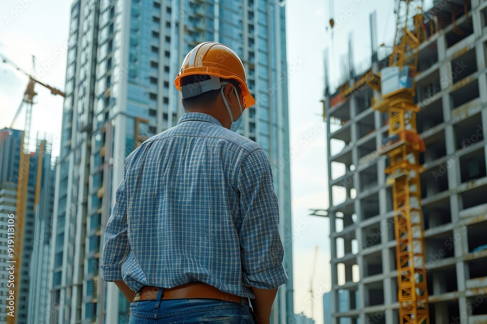 Construction worker wearing a hard hat, inspecting a large building site with cranes and high-rise structures in the background.