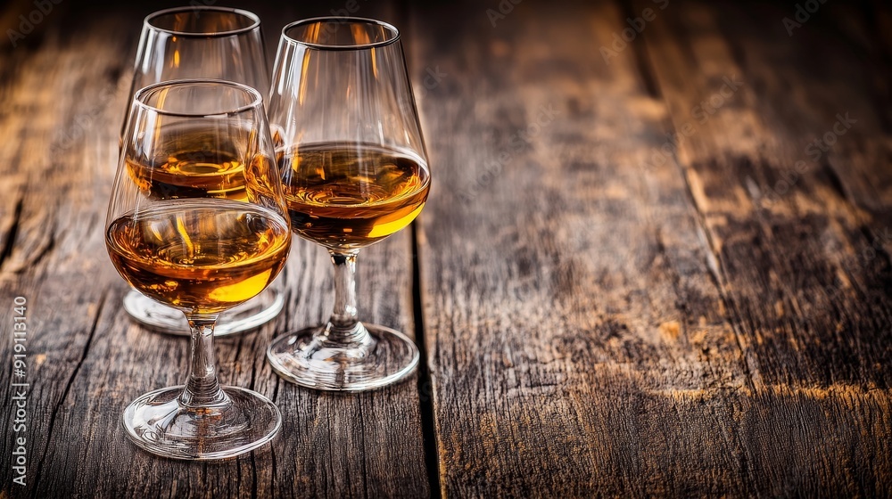 Three elegant glasses filled with amber liquid on a rustic wooden table, suggesting a moment of leisure and enjoyment.