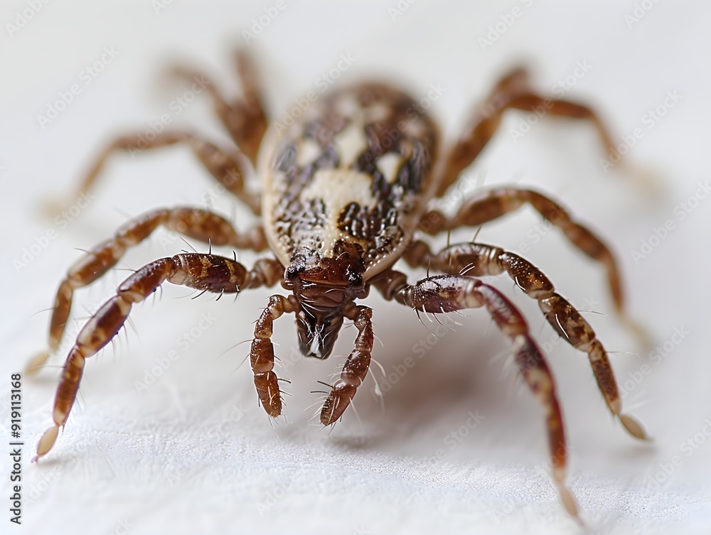 Close-up of a tick on a light background showcasing its distinctive features and body structure Close-up of a tick on a light background showcasing its distinctive features and body structure