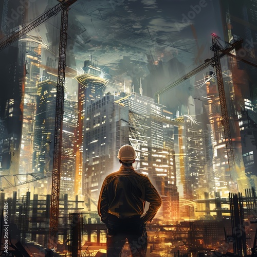 Construction worker observing a bustling, illuminated cityscape with cranes and skyscrapers under a dramatic night sky.