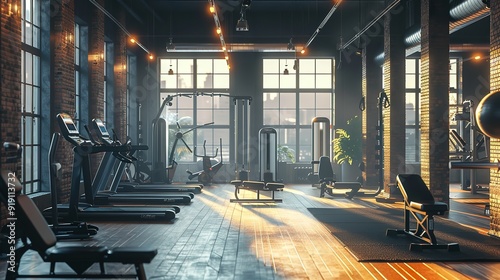 A modern fitness center interior equipped with high-tech workout machines with orange light