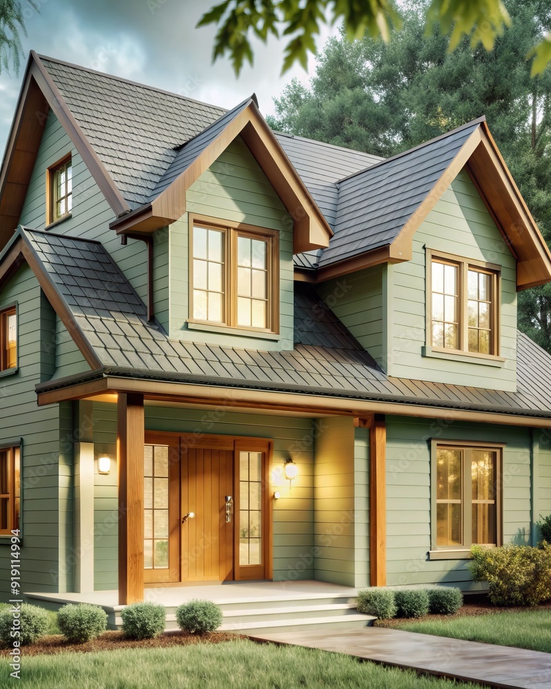 A large house with a white trim and a gray roof. The house has a lot of windows and a porch A large house with a white trim and a gray roof. The house has a lot of windows and a porch
