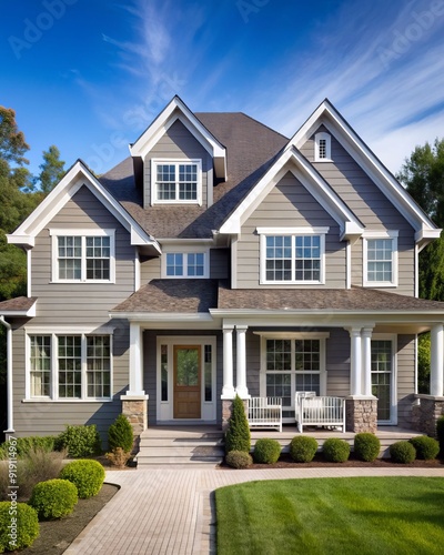 A large house with a white trim and a gray roof. The house has a lot of windows and a porch