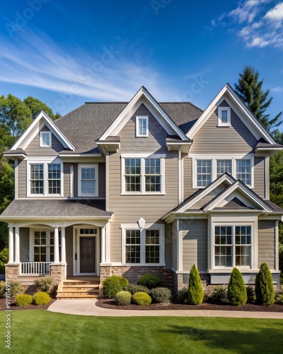 A large house with a white trim and a gray roof