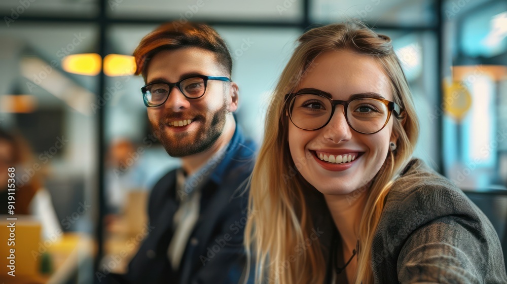 Smiling Man and Woman Wearing Glasses in an Office Setting Smiling Man and Woman Wearing Glasses in an Office Setting