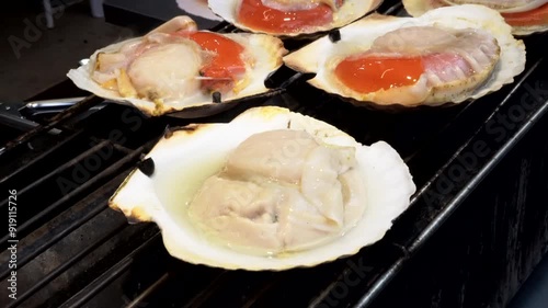 Charcoal grilling hotate Japanese large scallop Japan street food seafood 4k