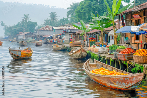 Wooden boats docked on canal selling fresh produce at ganvie market in benin