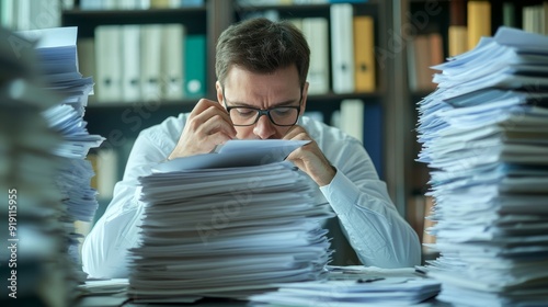 Employee sorting through a stack of documents while seated at a modern office table