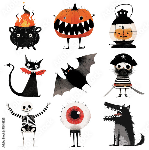 Halloween character illustrations isolated on transparent background. Clipart for stickers, greeting cards, t-shirts, Halloween themed decorations. photo