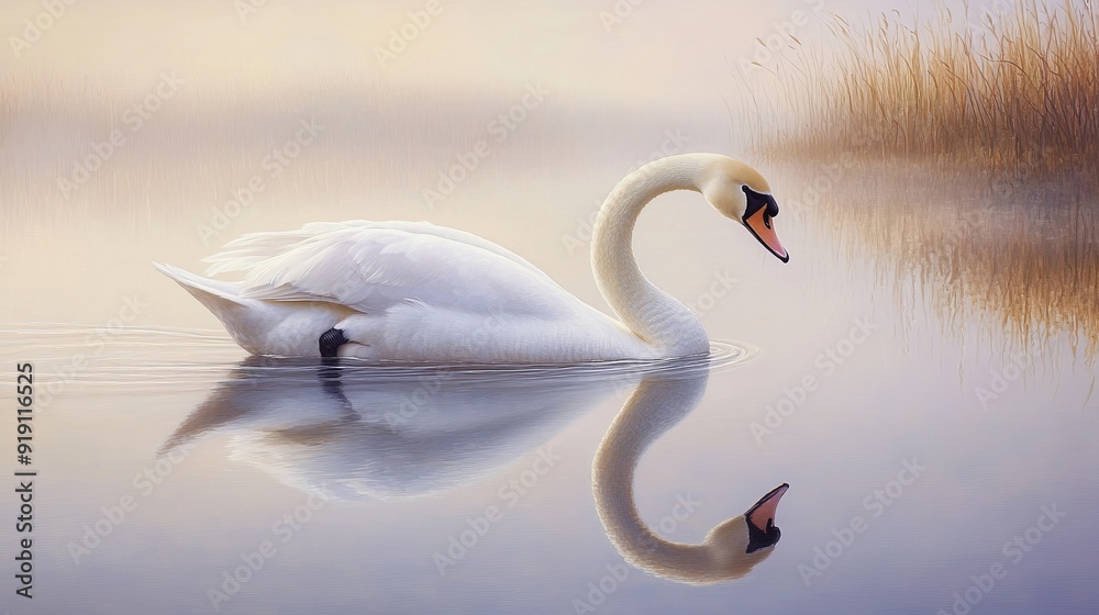 Fototapeta premium Graceful Swan on Tranquil Lake - Stunning Nature Photography