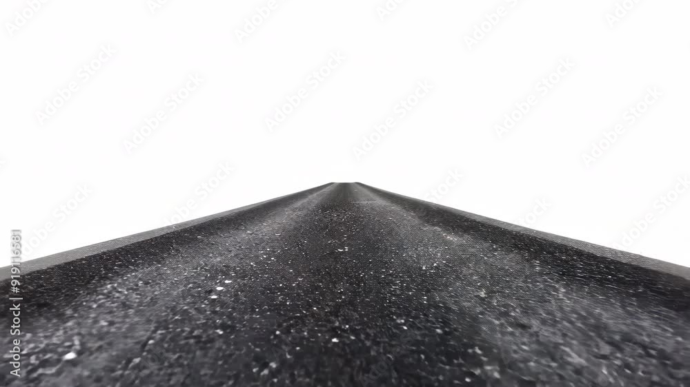 A road with a sharp pointy end. The road is empty and the sky is white