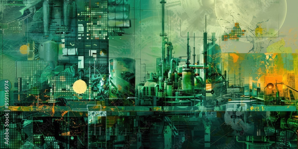 Abstract green industrial cityscape with moon.