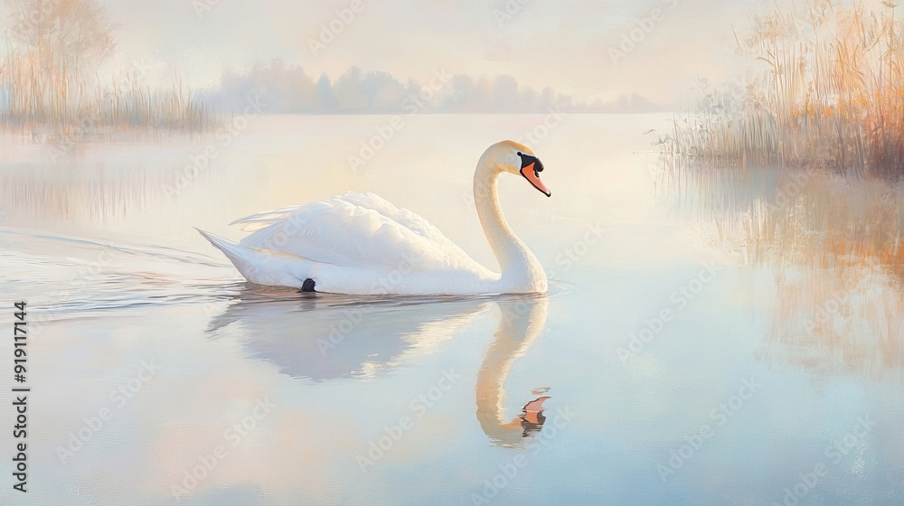 Fototapeta premium Graceful Swan Gliding on Tranquil Lake - Stunning Nature Photography