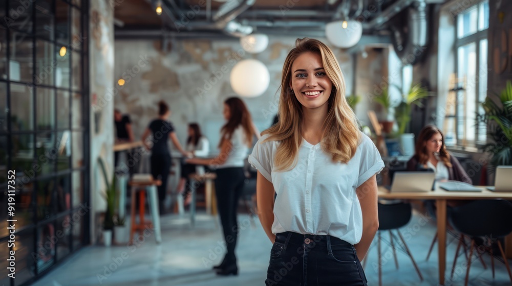 Fototapeta premium Smiling Woman in a Modern Office Setting